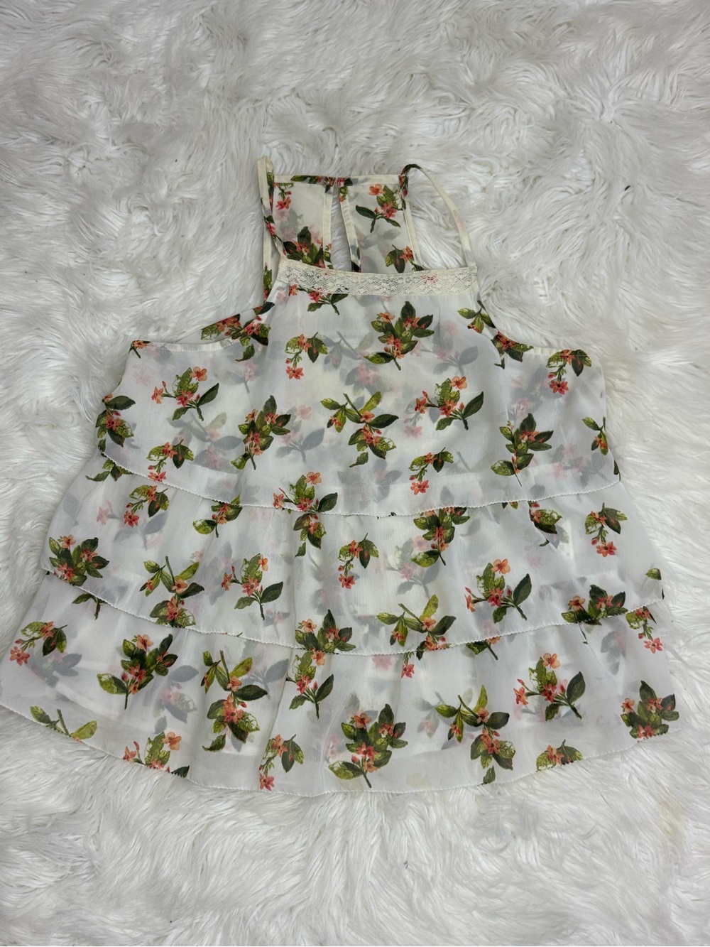 Abercrombie & Fitch White Floral Tiered Halter Camisole with Green Leaves